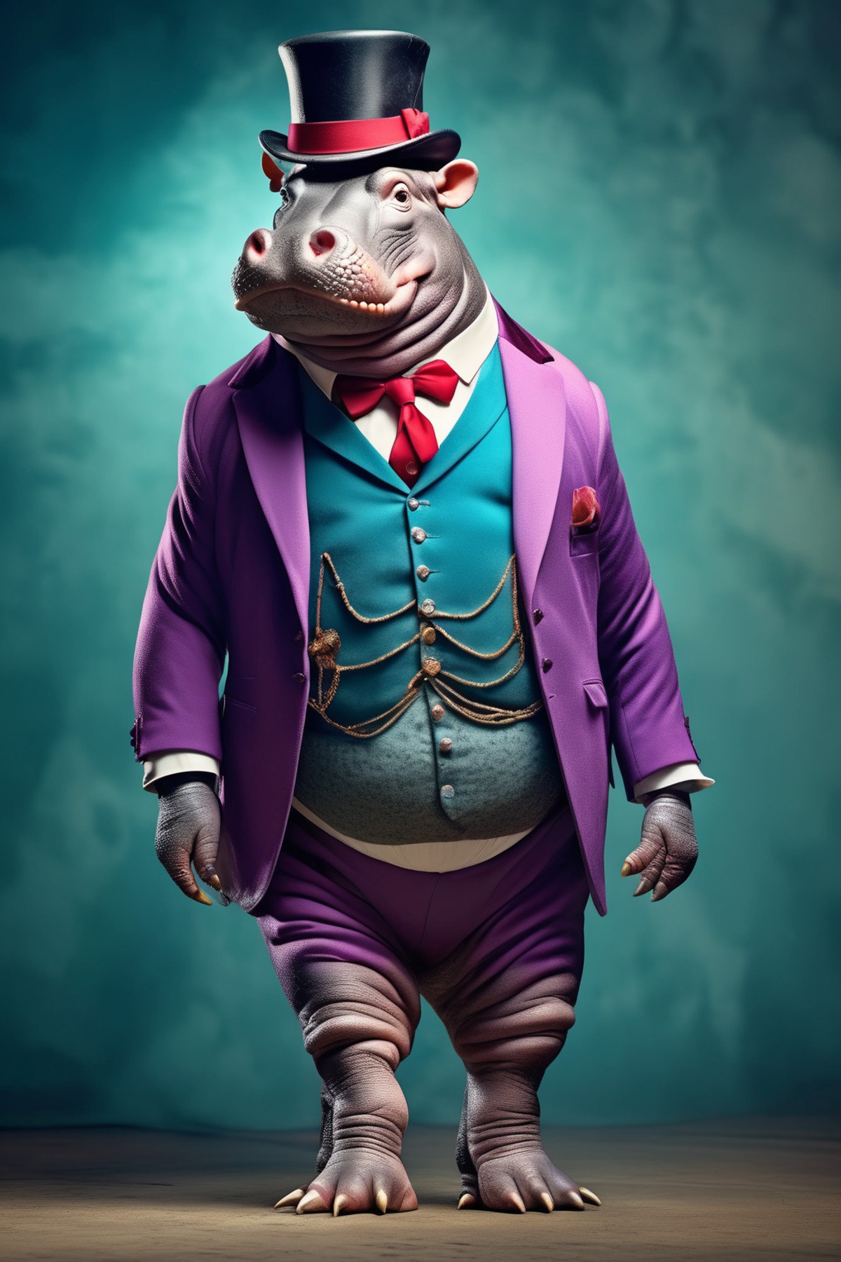 <lora:Dressed animals:1>Dressed animals - full body portrait of A Hippo animal Mafia in a mafia circus color suit with a t...